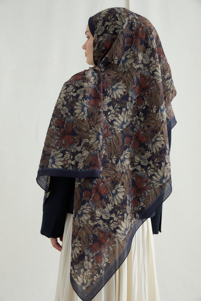 Mona Pamuk Viskon Şal - Lacivert Bej - 4