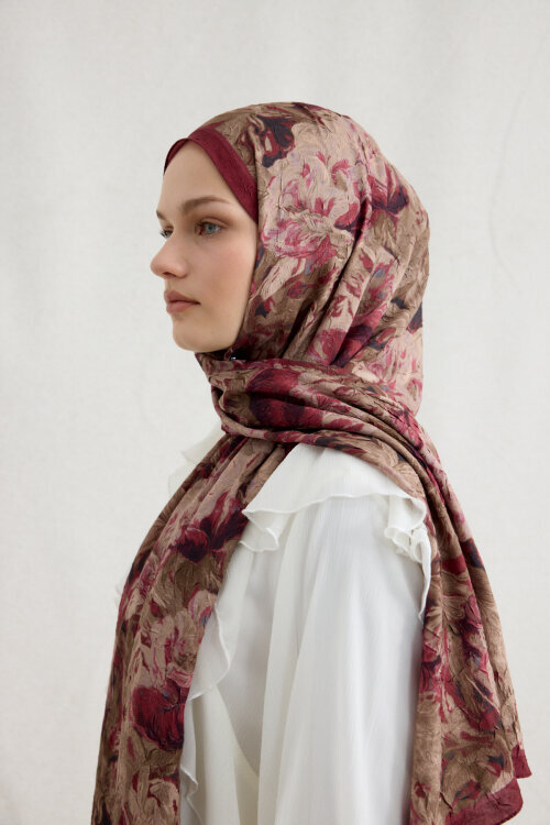 Monaco Kraş Şal - Bordo Bej - Camellia Scarfs (1)