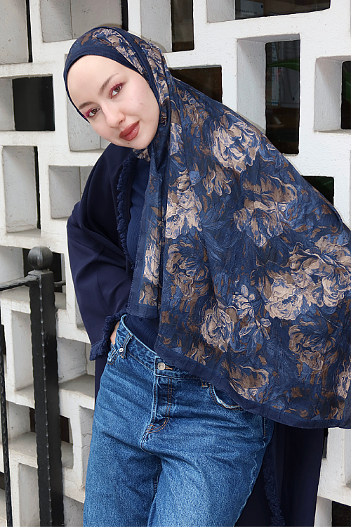 Monaco Kraş Şal - Lacivert Bej - Camellia Scarfs (1)