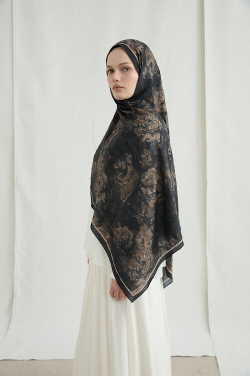 Monaco Kraş Şal - Siyah Bej - Camellia Scarfs (1)