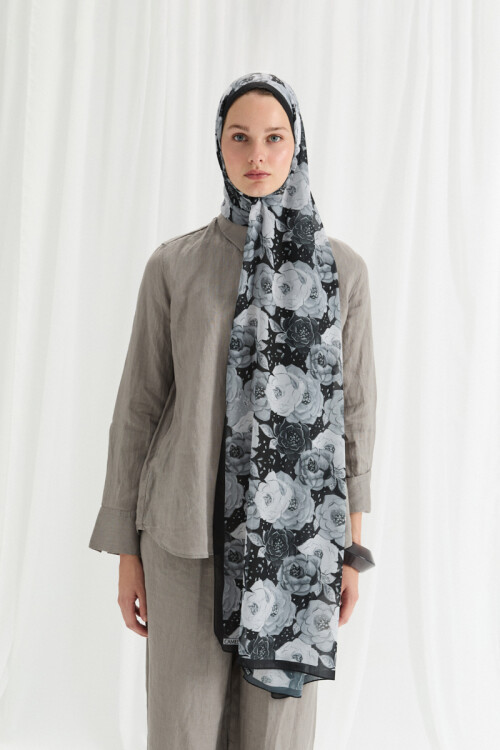 Moon İpek Krep Şal - Gri - Camellia Scarfs