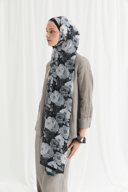 Moon İpek Krep Şal - Gri - Camellia Scarfs (1)