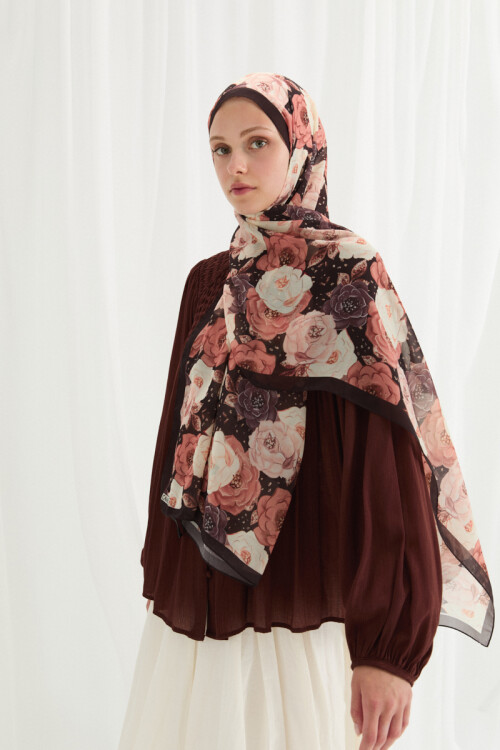 Moon İpek Krep Şal - Kahve - Camellia Scarfs