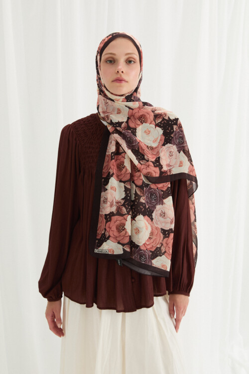 Moon İpek Krep Şal - Kahve - Camellia Scarfs (1)
