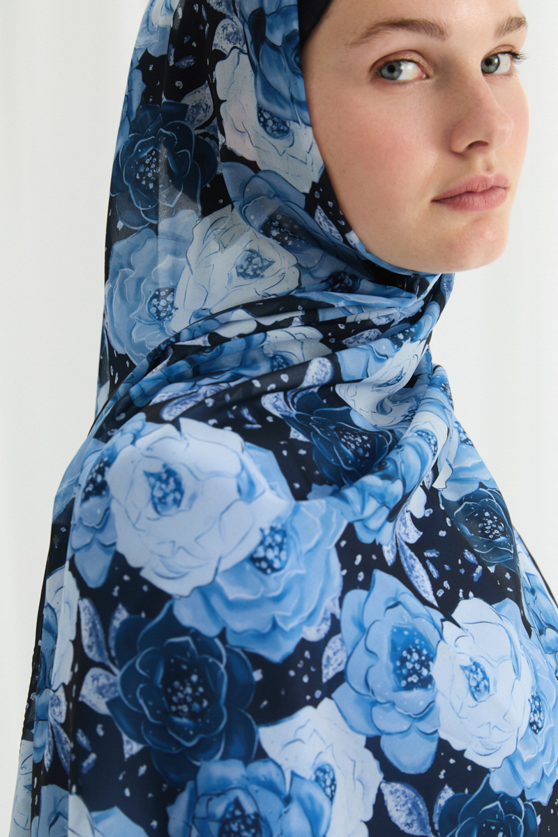 Moon İpek Krep Şal - Lacivert - 4