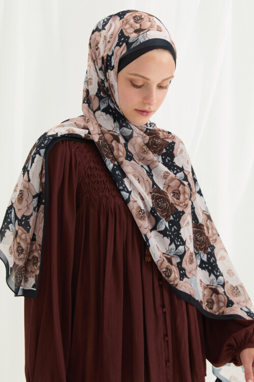 Moon İpek Krep Şal - Siyah-Bej - Camellia Scarfs (1)