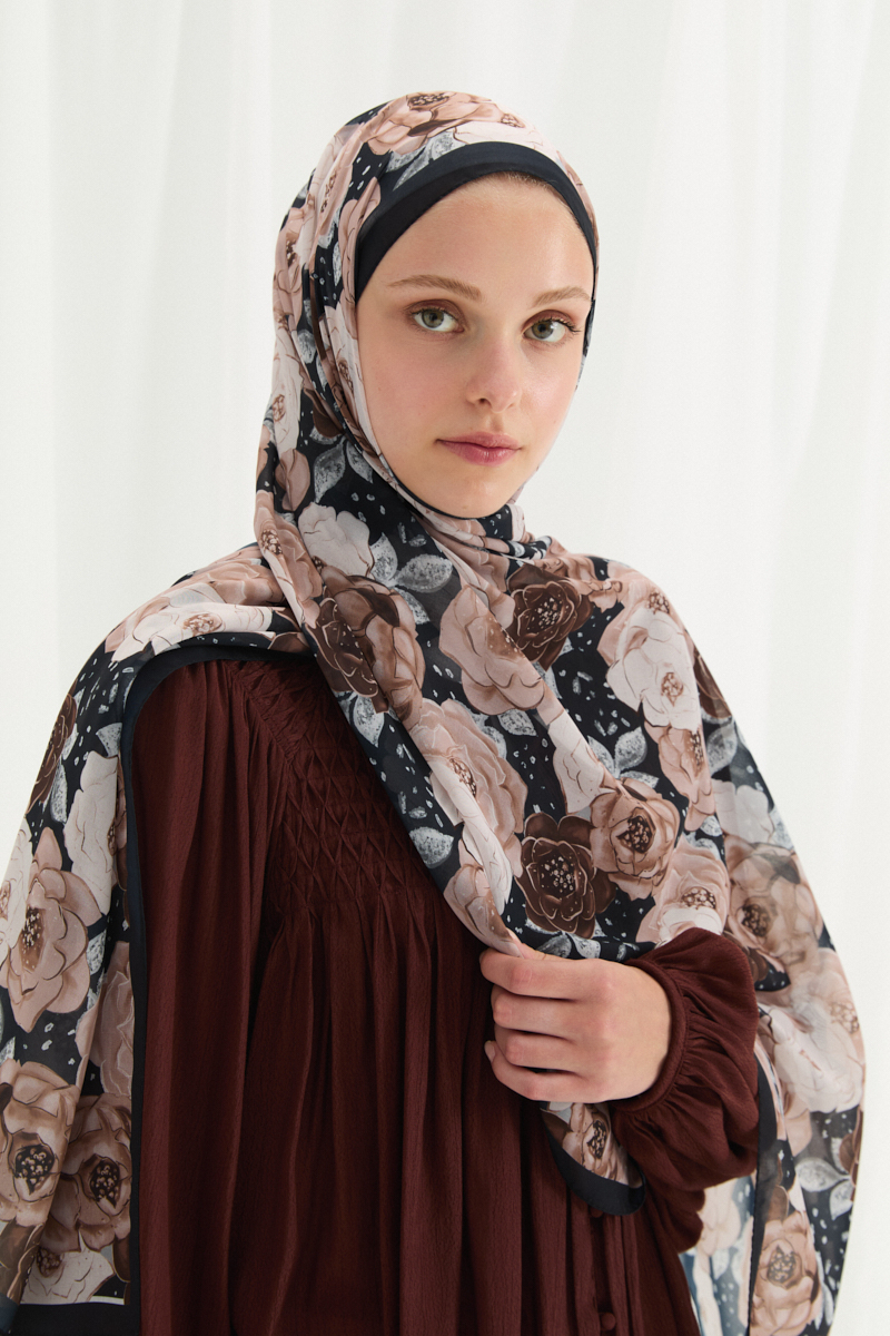 Moon İpek Krep Şal - Siyah-Bej - 3