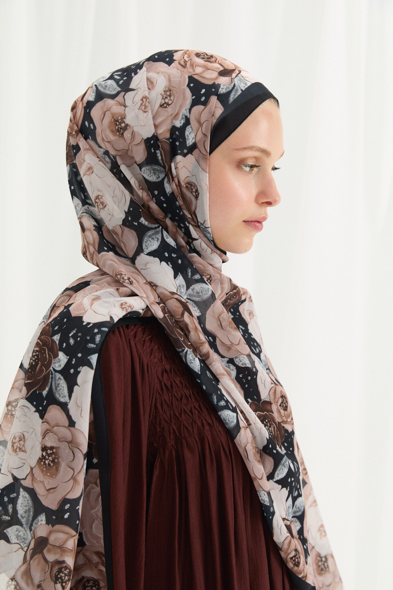 Moon İpek Krep Şal - Siyah-Bej - 4