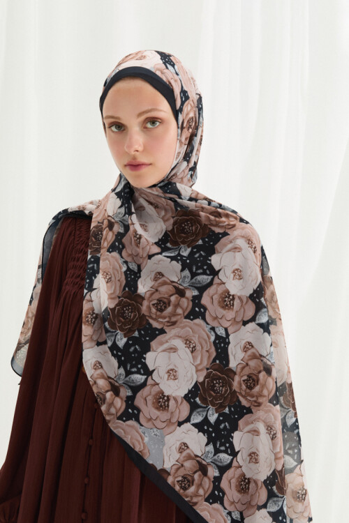 Moon İpek Krep Şal - Siyah-Bej - Camellia Scarfs