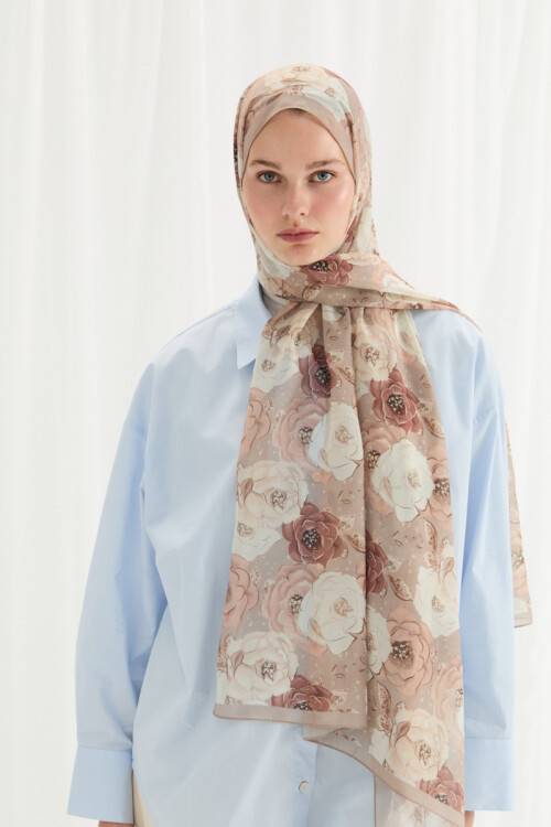Moon İpek Krep Şal - Vizon - Camellia Scarfs