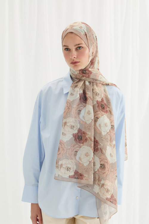Moon İpek Krep Şal - Vizon - Camellia Scarfs (1)