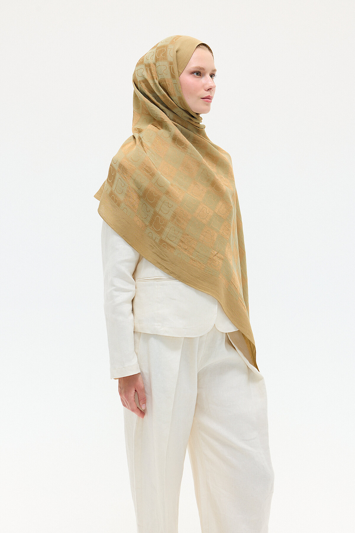 Naia Jakar Şal Monogram Desen - Haki - Camellia Scarfs (1)
