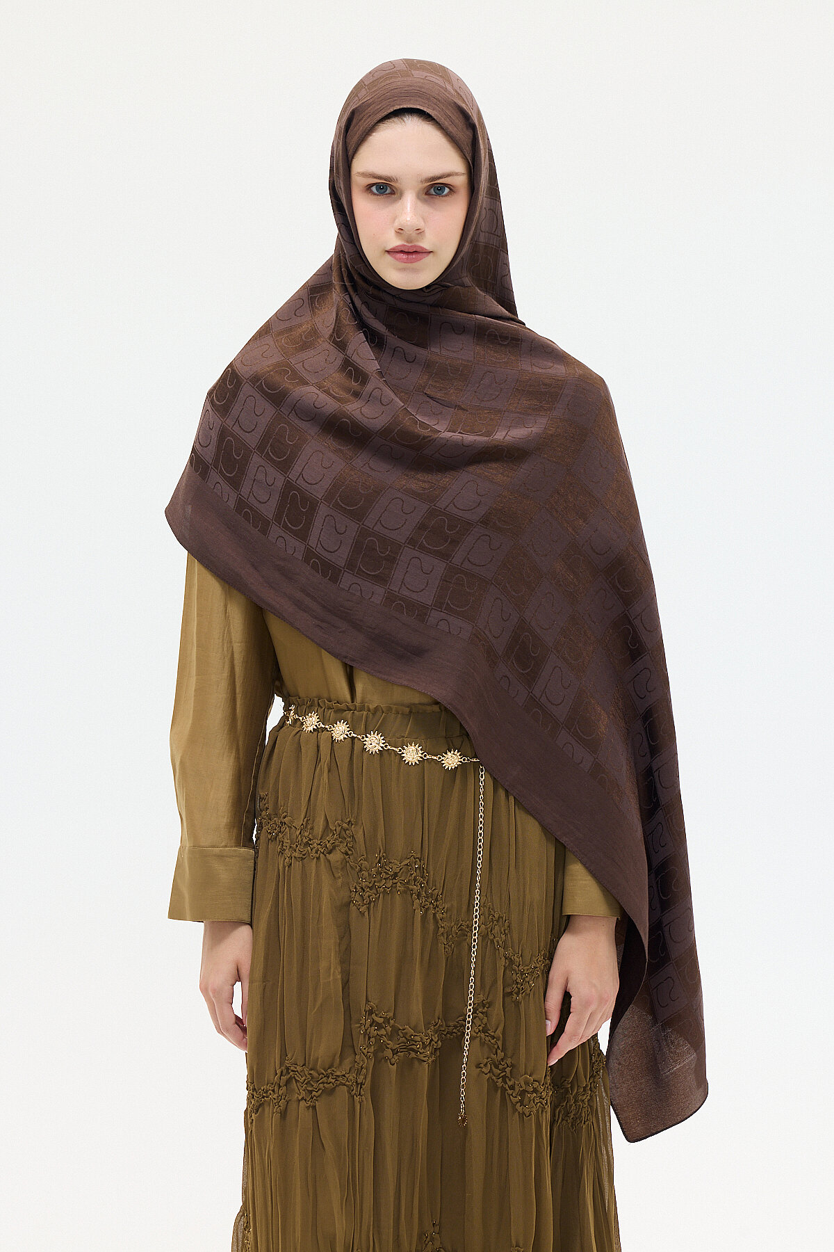 Naia Jakar Şal Monogram Desen - Kahve - Camellia Scarfs