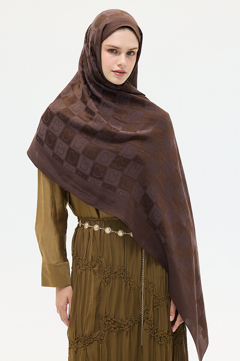 Naia Jakar Şal Monogram Desen - Kahve - 3