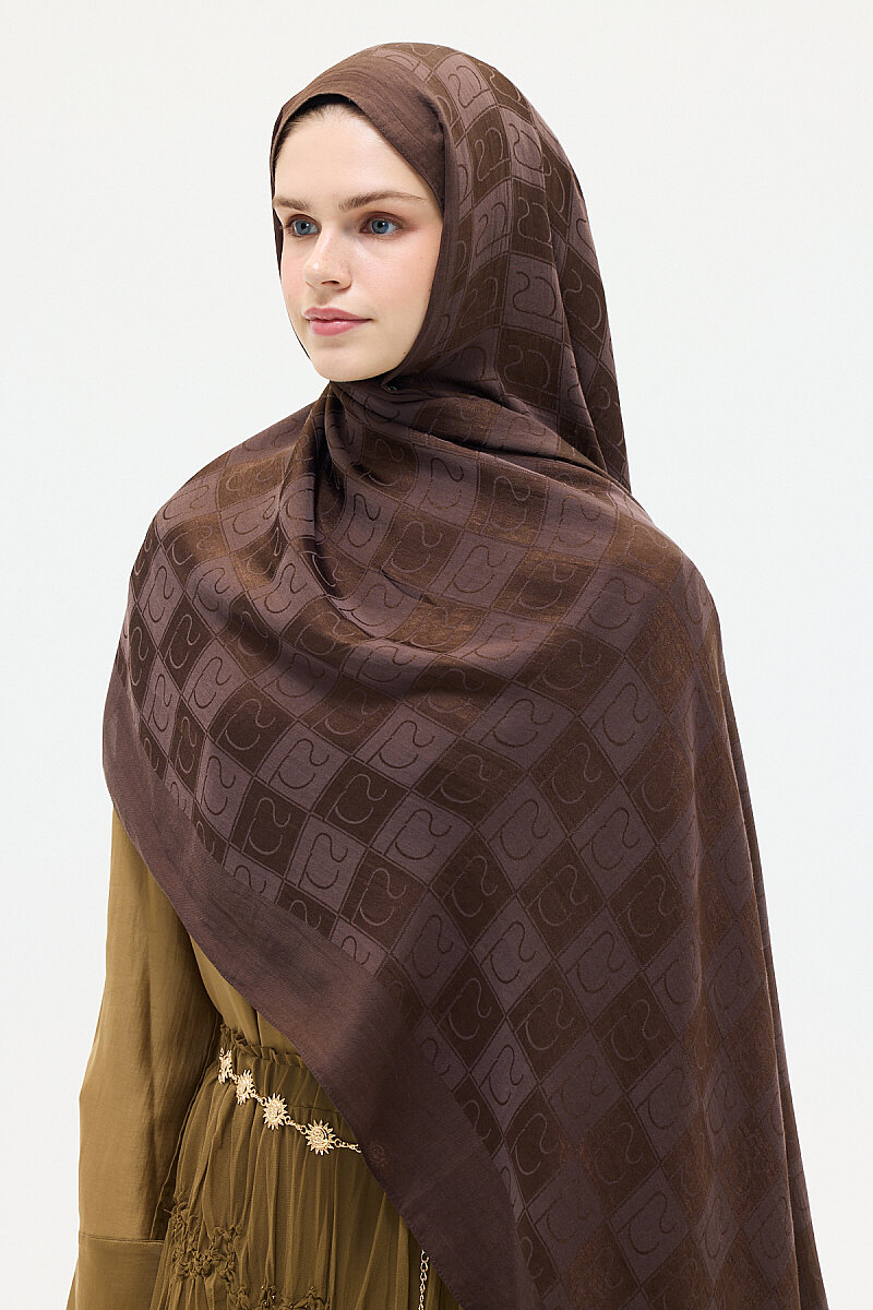 Naia Jakar Şal Monogram Desen - Kahve - 4
