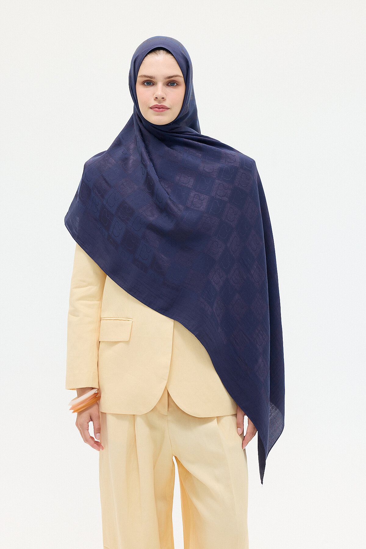 Naia Jakar Şal Monogram Desen - Lacivert - Camellia Scarfs