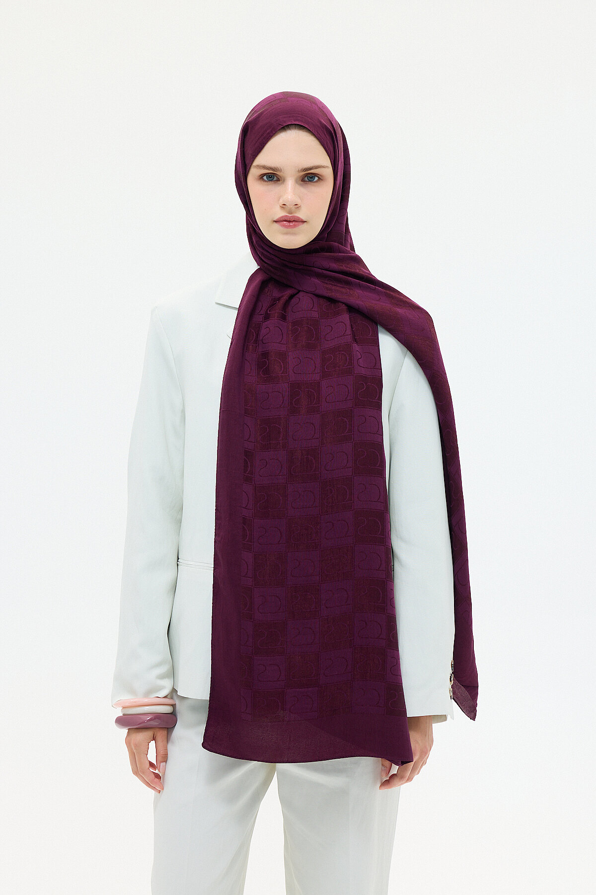 Naia Jakar Şal Monogram Desen - Mürdüm - Camellia Scarfs