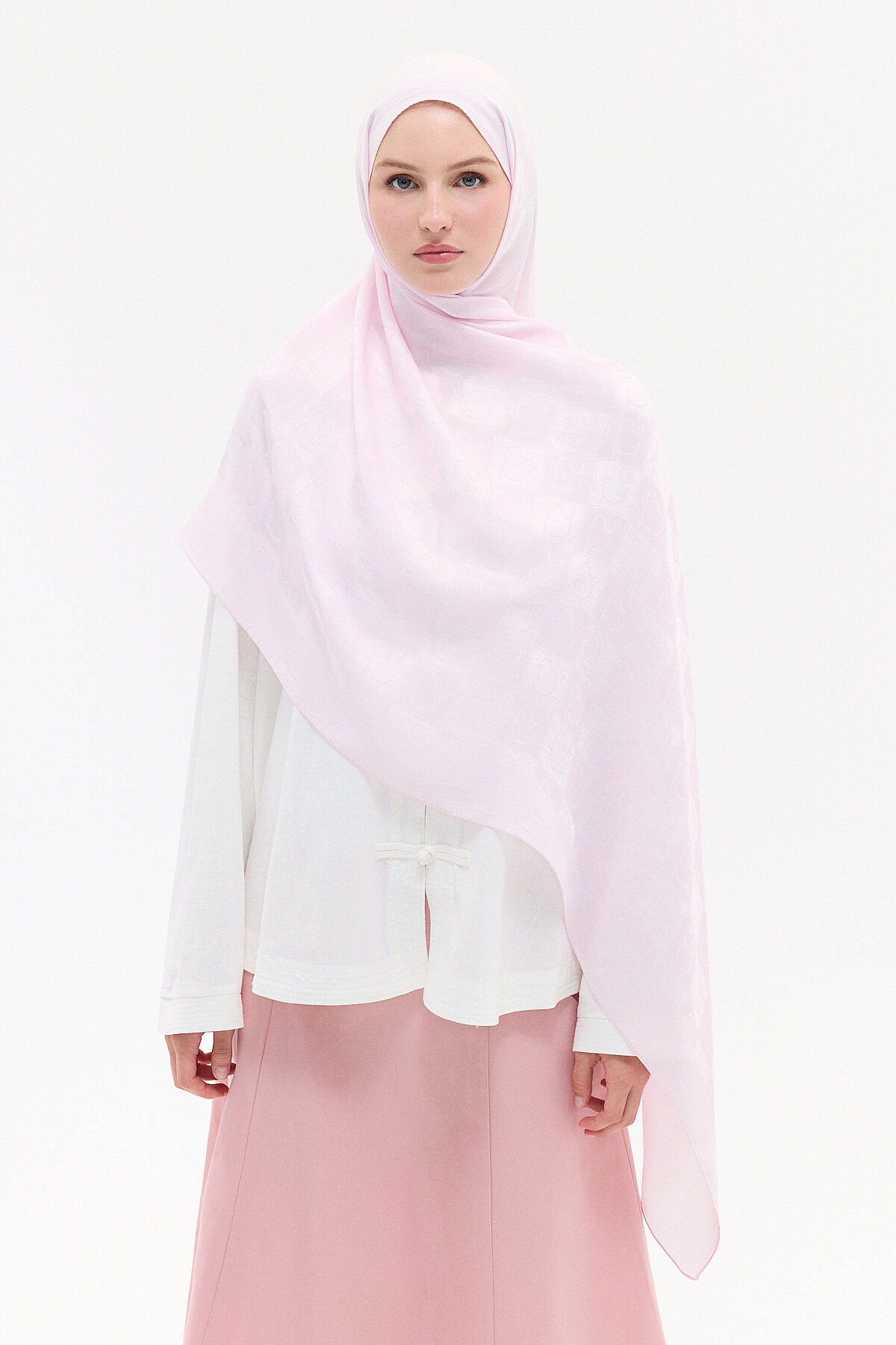 Naia Jakar Şal Monogram Desen - Pembe - Camellia Scarfs