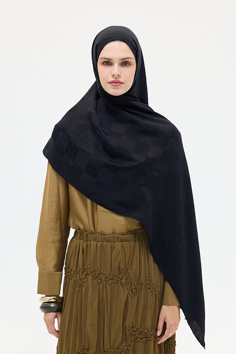 Naia Jakar Şal Monogram Desen - Siyah - 1