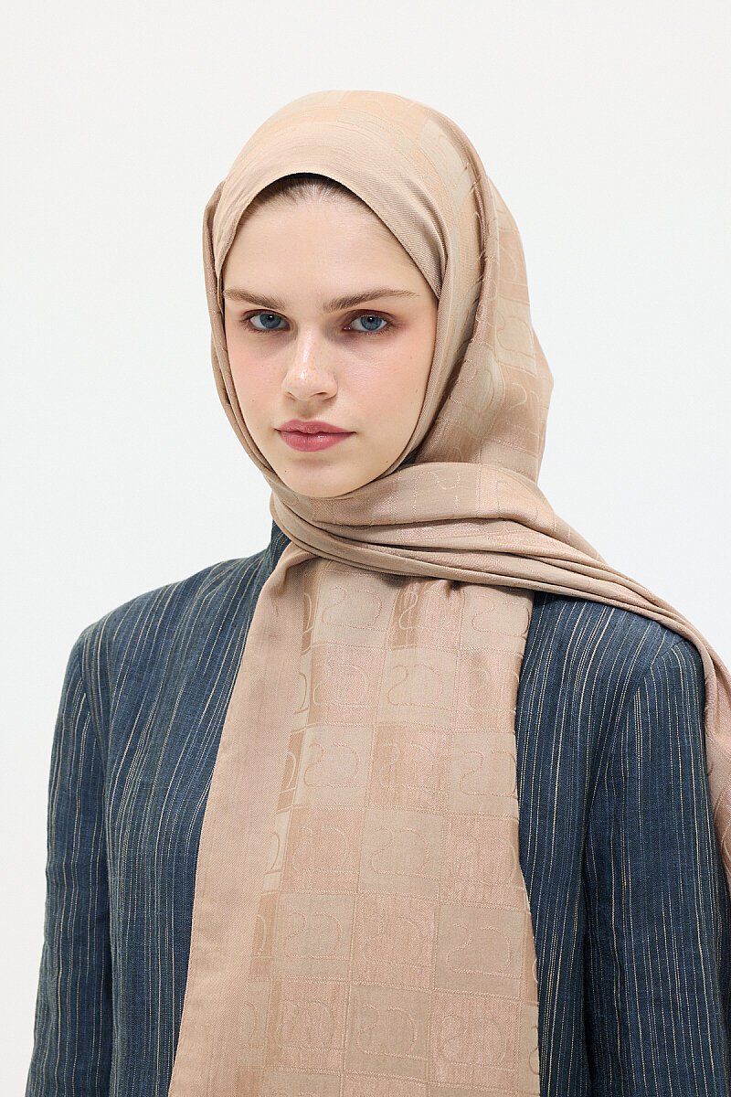 Naia Jakar Şal Monogram Desen - Vizon - 4