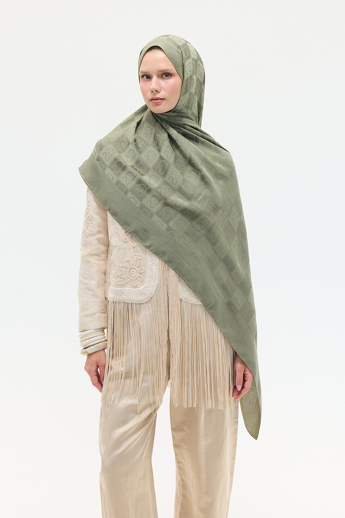 Naia Jakar Şal Monogram Desen - Yeşil - Camellia Scarfs
