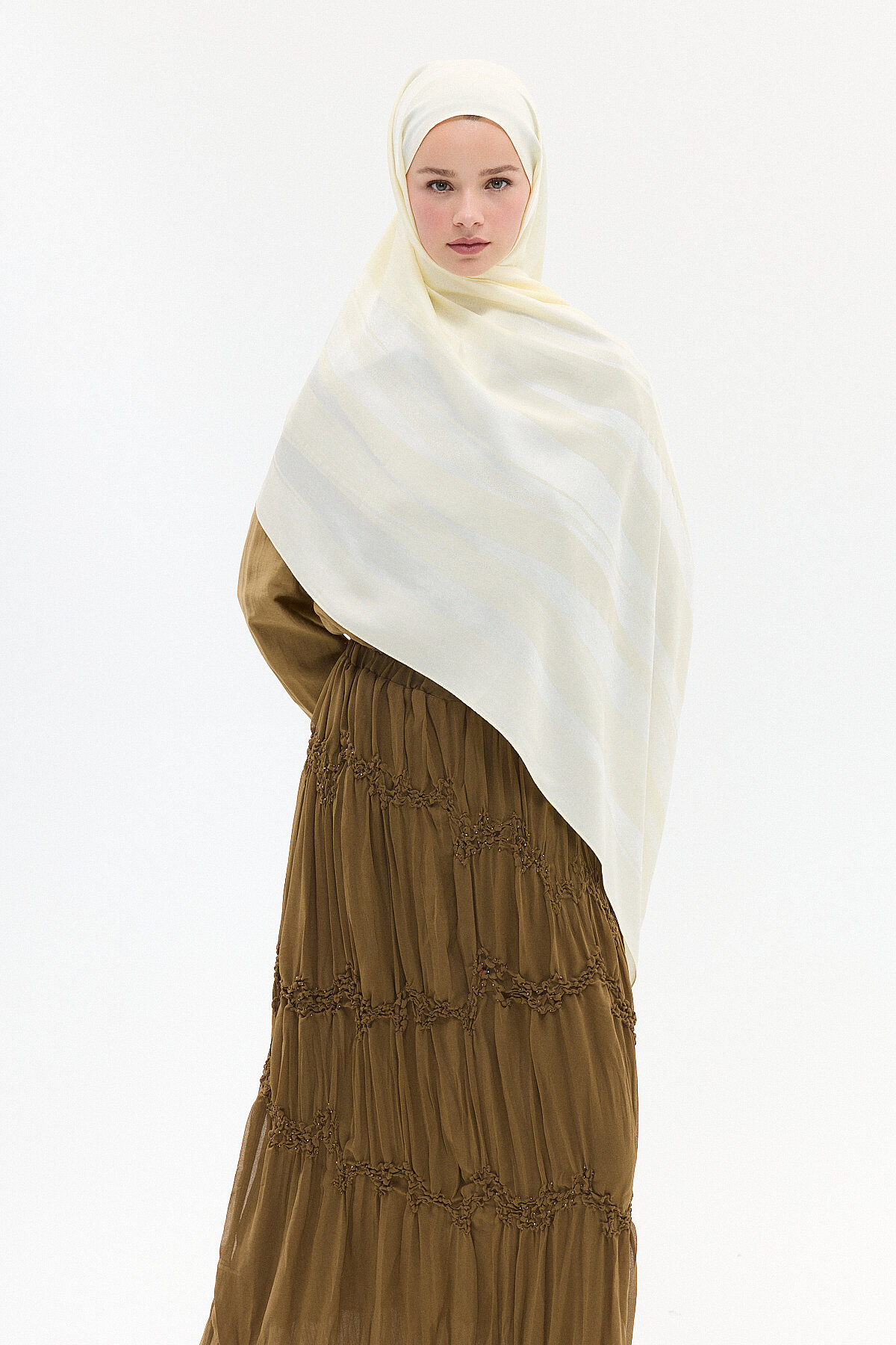 Naia Jakar Şal Şerit desen - Ekru - Camellia Scarfs (1)