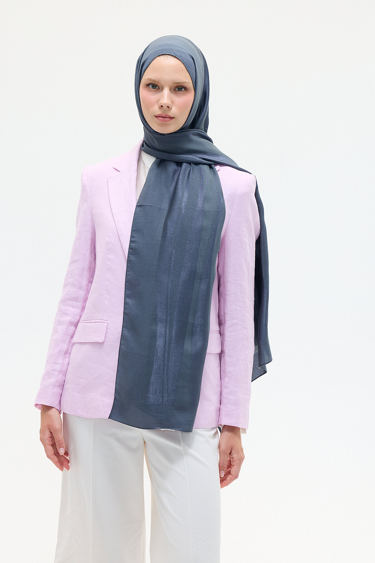 Naia Jakar Şal Şerit Desen - Antrasit - Camellia Scarfs