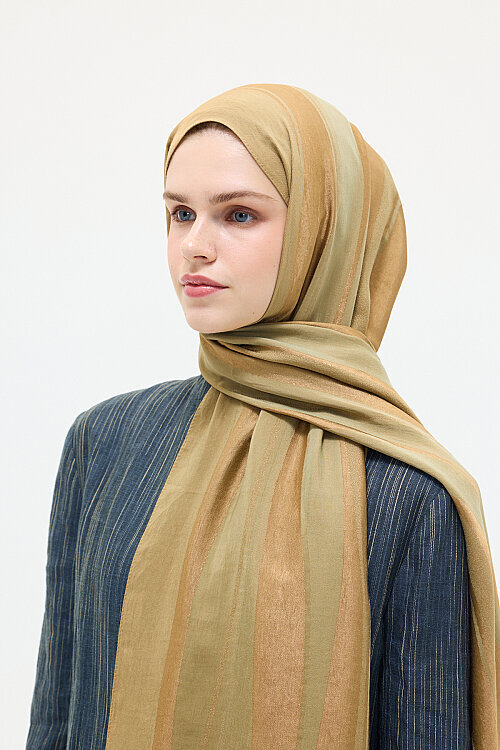 Naia Jakar Şal Şerit Desen - Haki - Camellia Scarfs (1)