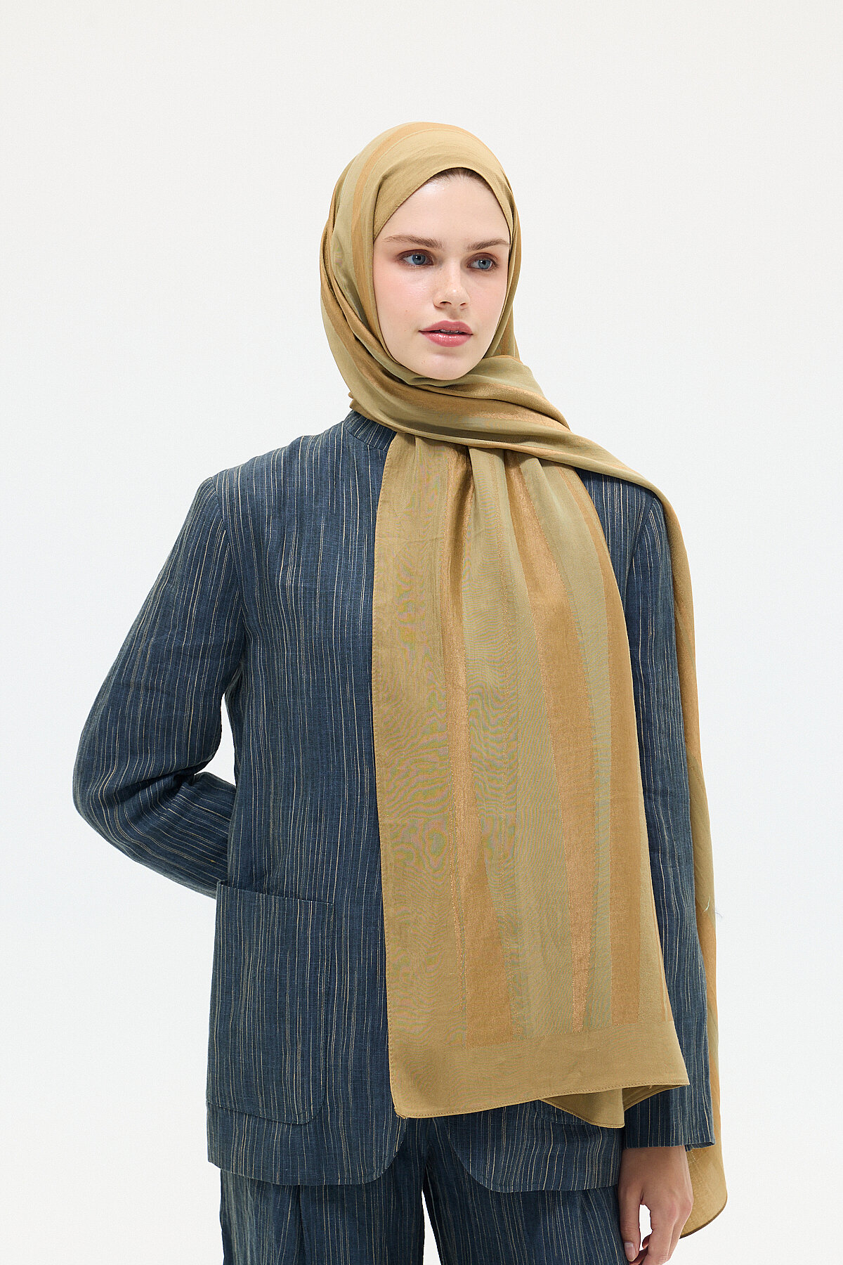 Naia Jakar Şal Şerit Desen - Haki - Camellia Scarfs