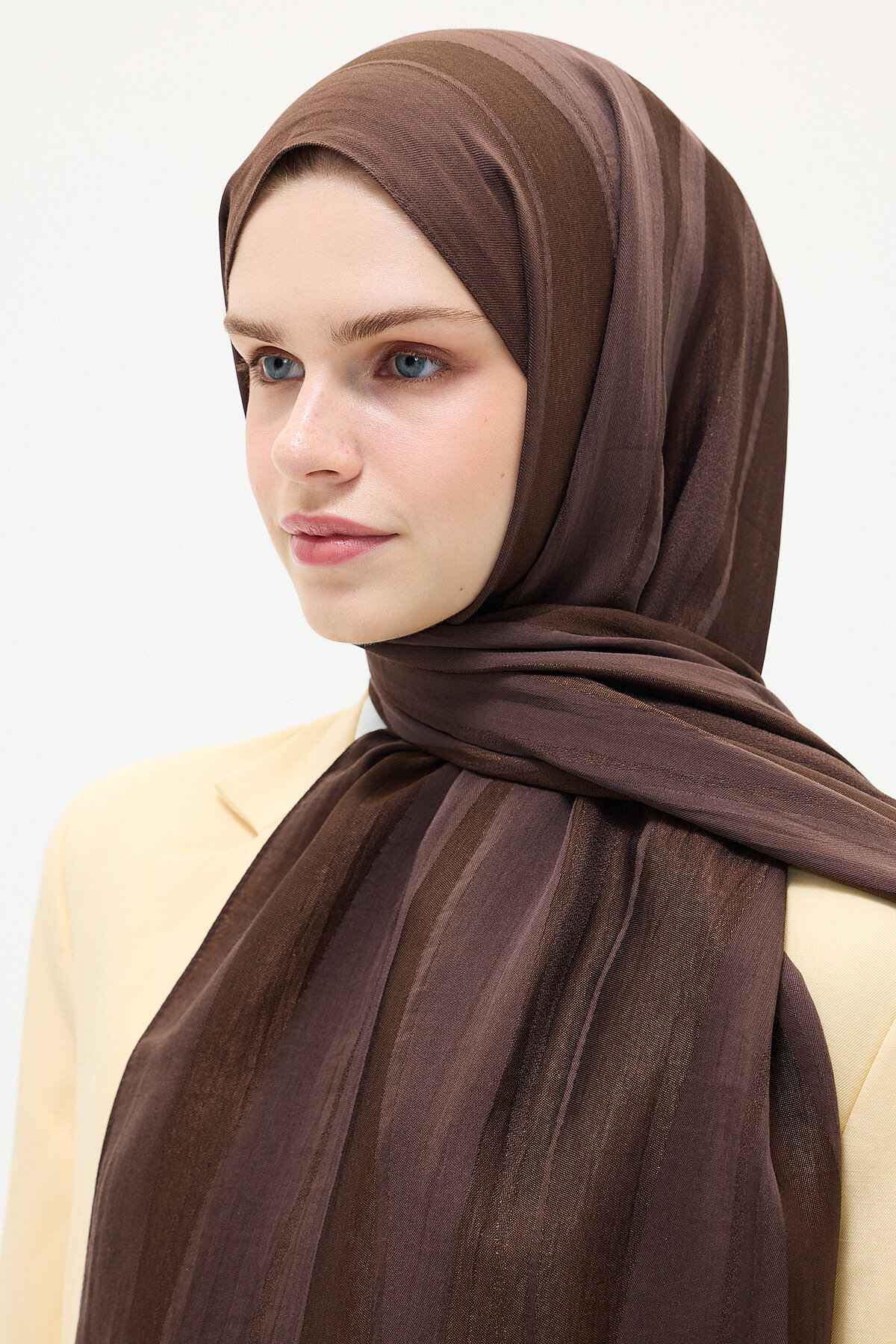 Naia Jakar Şal Şerit Desen - Kahve - Camellia Scarfs