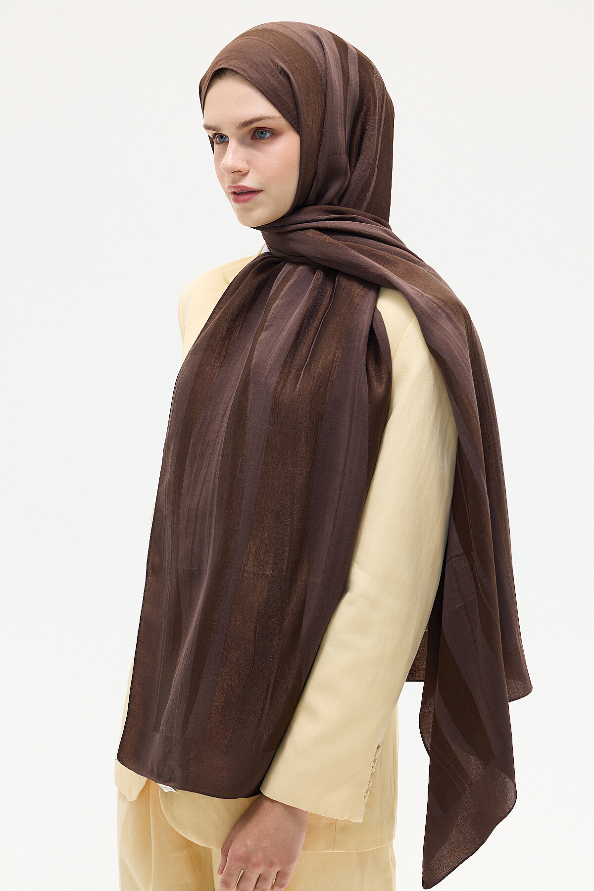 Naia Jakar Şal Şerit Desen - Kahve - Camellia Scarfs (1)