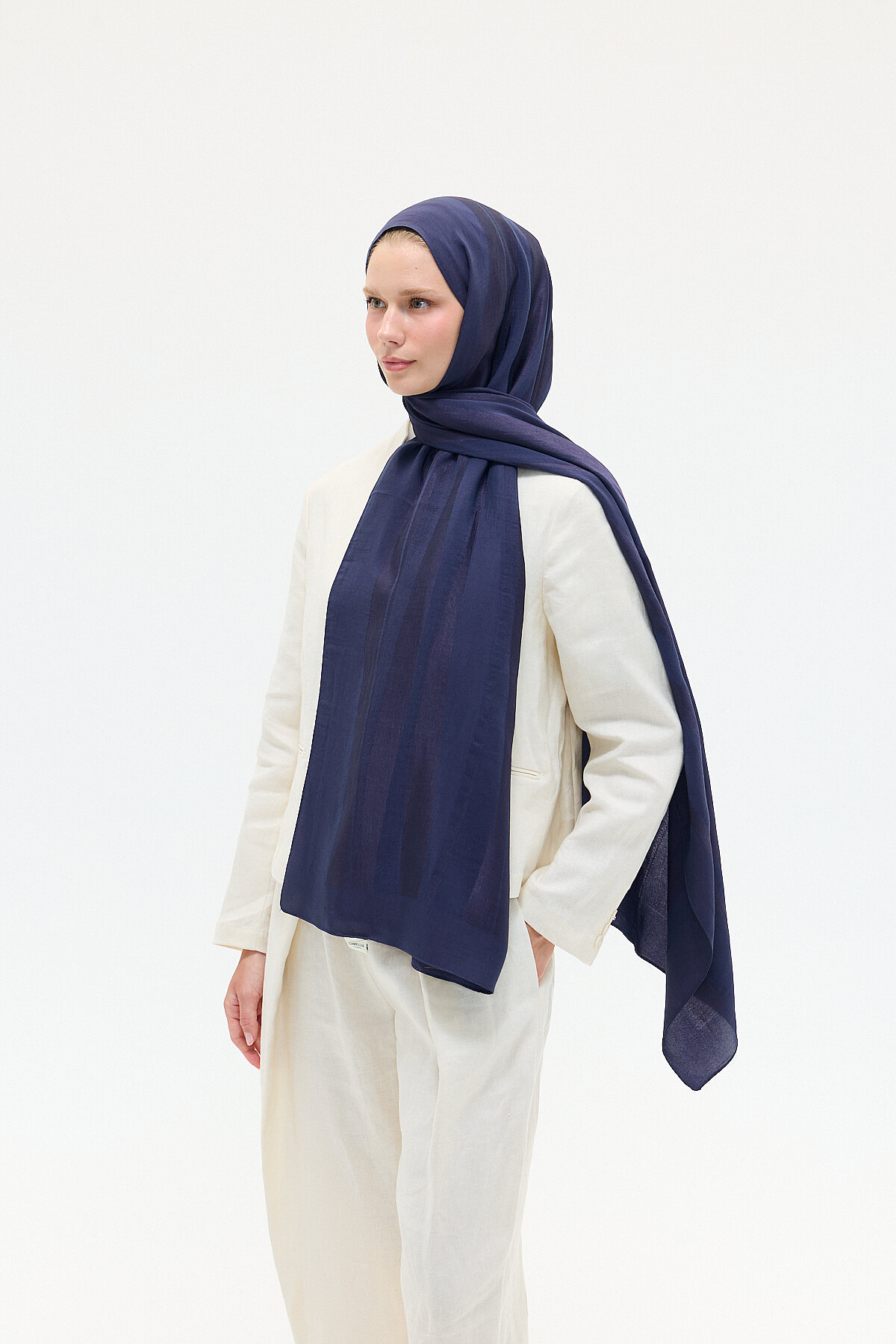 Naia Jakar Şal Şerit Desen - Lacivert - Camellia Scarfs (1)