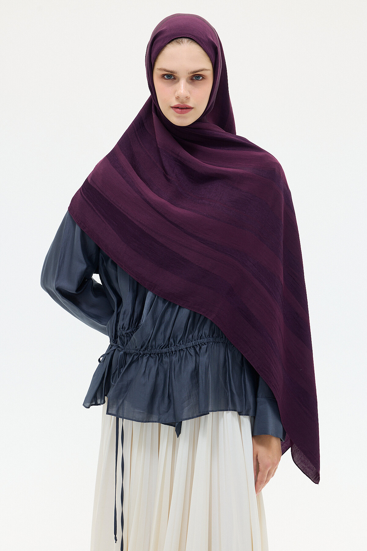 Naia Jakar Şal Şerit Desen - Mor - Camellia Scarfs (1)