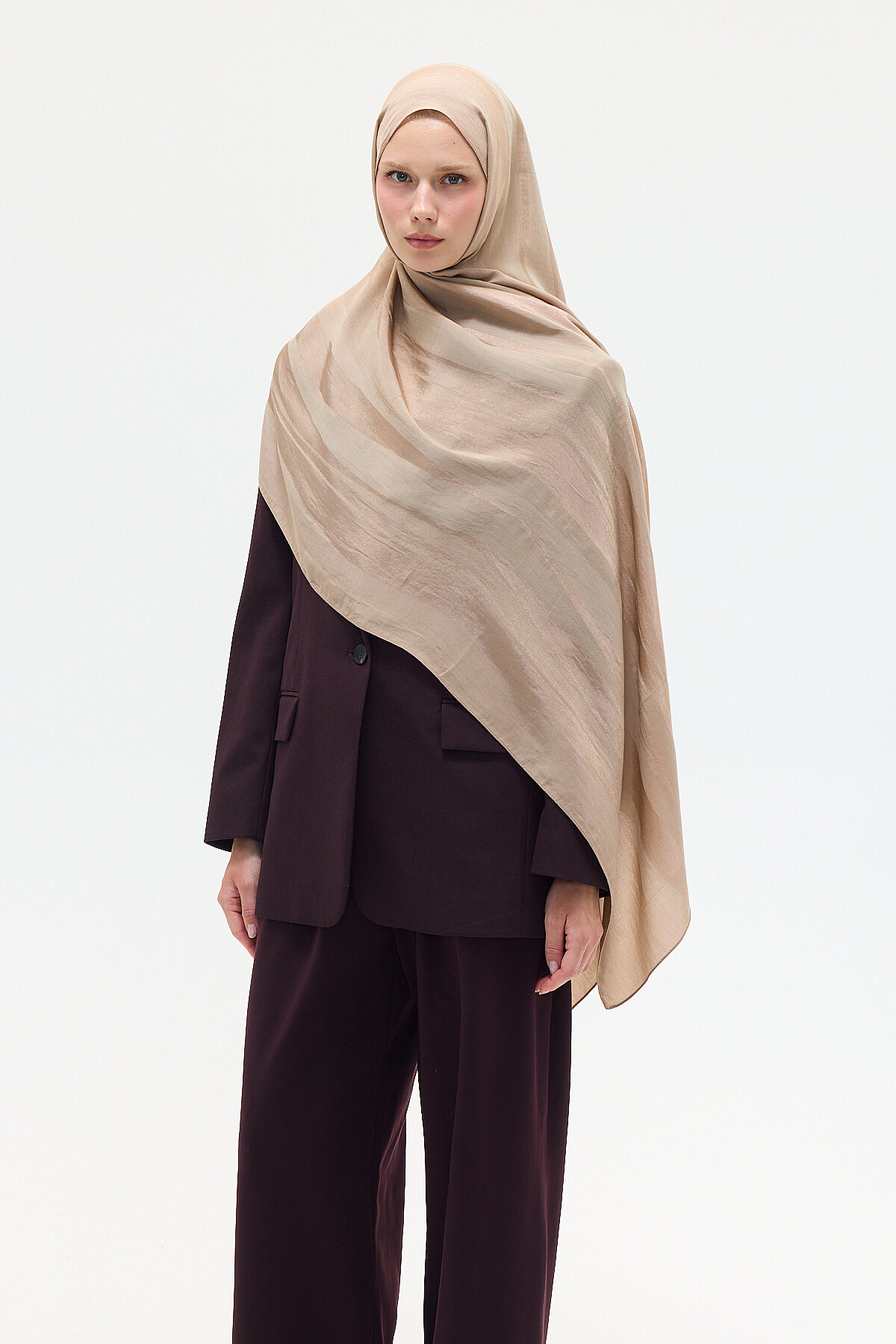 Naia Jakar Şal Şerit Desen - Vizon - Camellia Scarfs