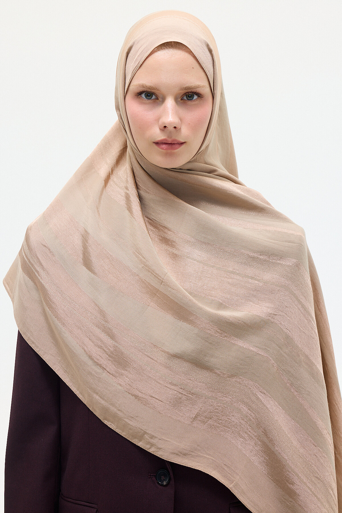 Naia Jakar Şal Şerit Desen - Vizon - Camellia Scarfs (1)