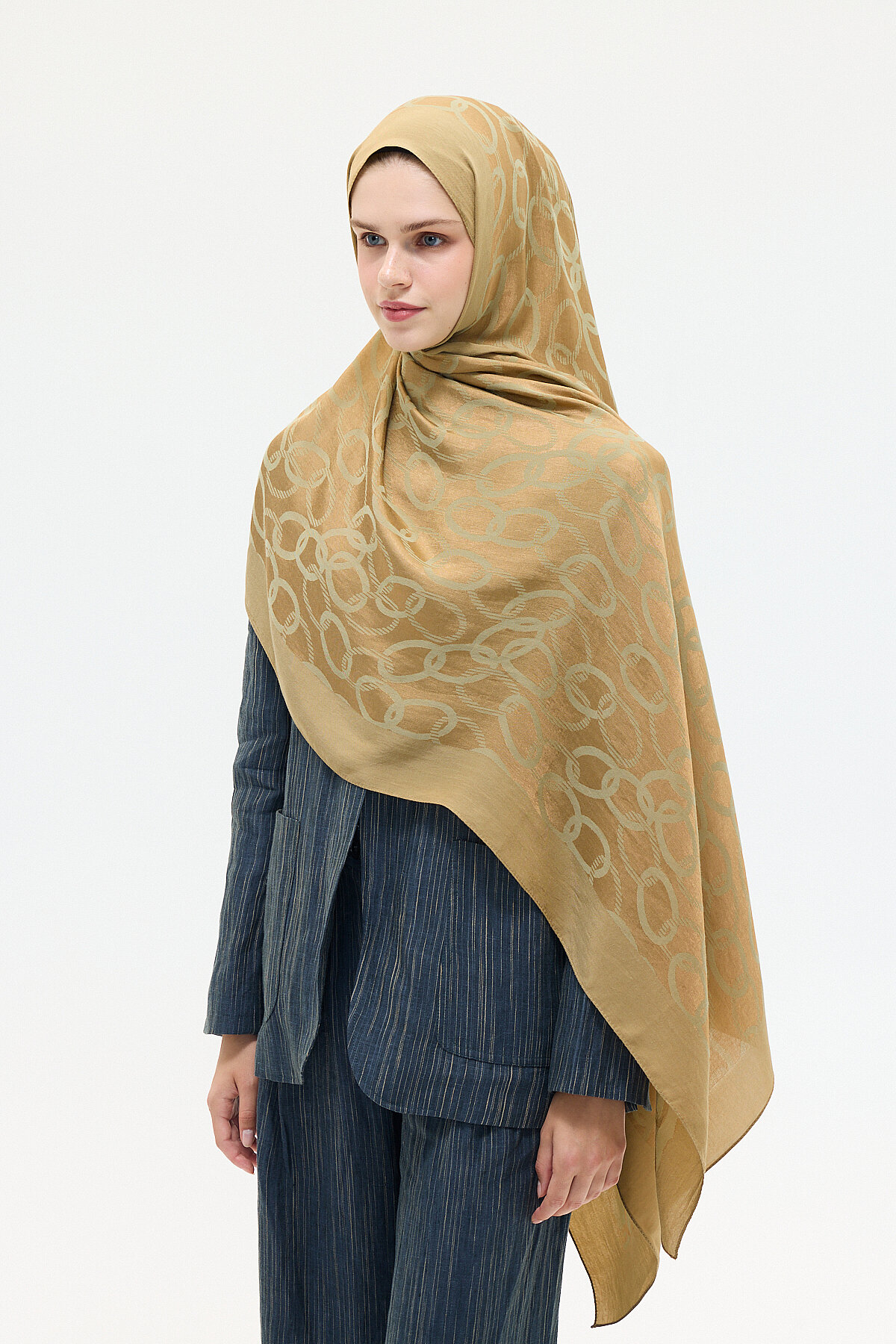 Naia Jakar Şal Zincir Desen - Haki - Camellia Scarfs
