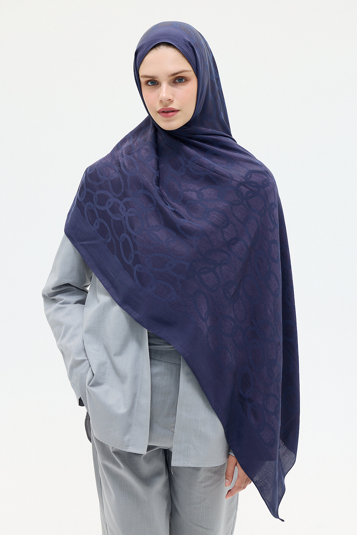 Naia Jakar Şal Zincir Desen - Lacivert - Camellia Scarfs