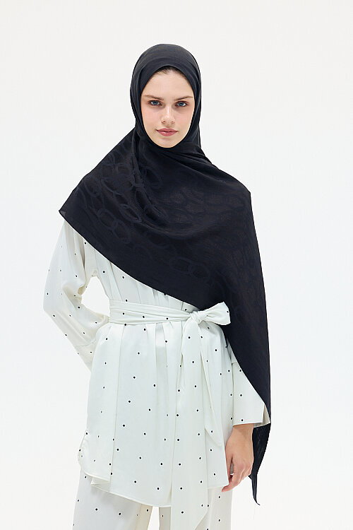 Naia Jakar Şal Zincir Desen - Siyah - Camellia Scarfs (1)