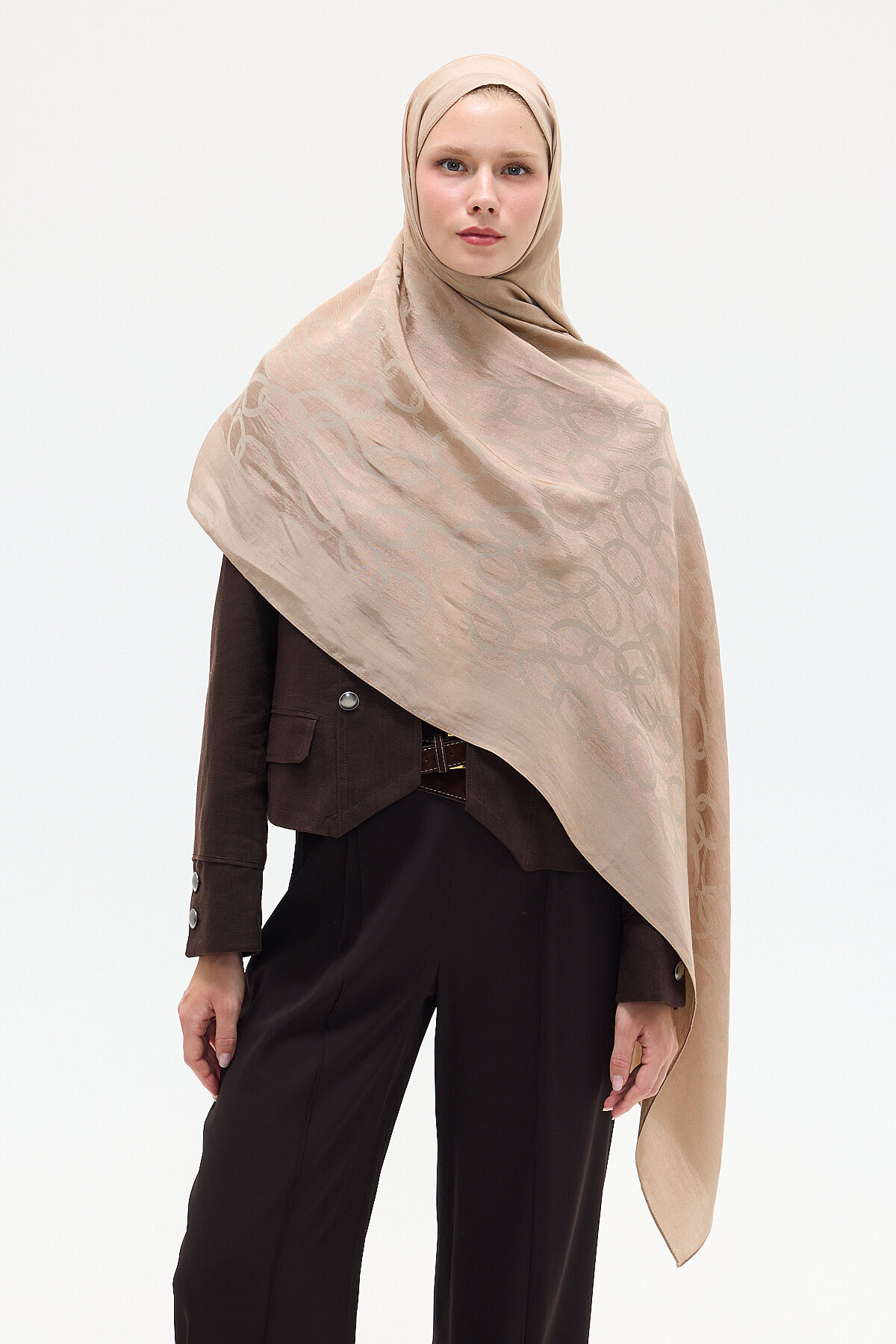 Naia Jakar Şal Zincir Desen - Vizon - Camellia Scarfs