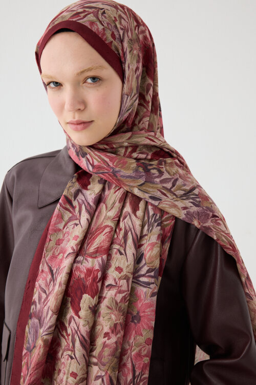 Paradise Kraş Şal - Bordo Bej - Camellia Scarfs (1)