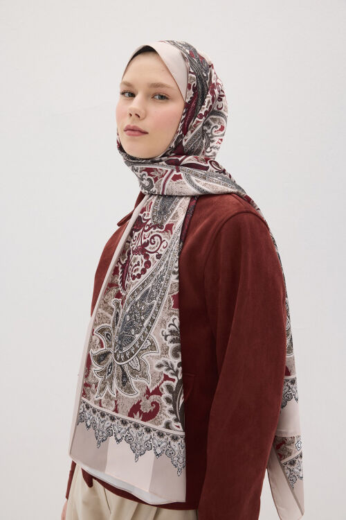Perle Vibe Desen - Bej/Bordo - Camellia Scarfs