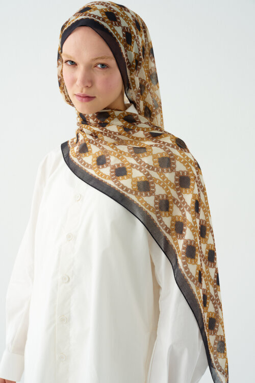 Prag Rami Şal - Siyah Bej - Camellia Scarfs (1)