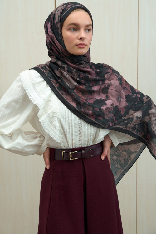 Pretty Kraş Şal - Siyah-Pudra - Camellia Scarfs (1)