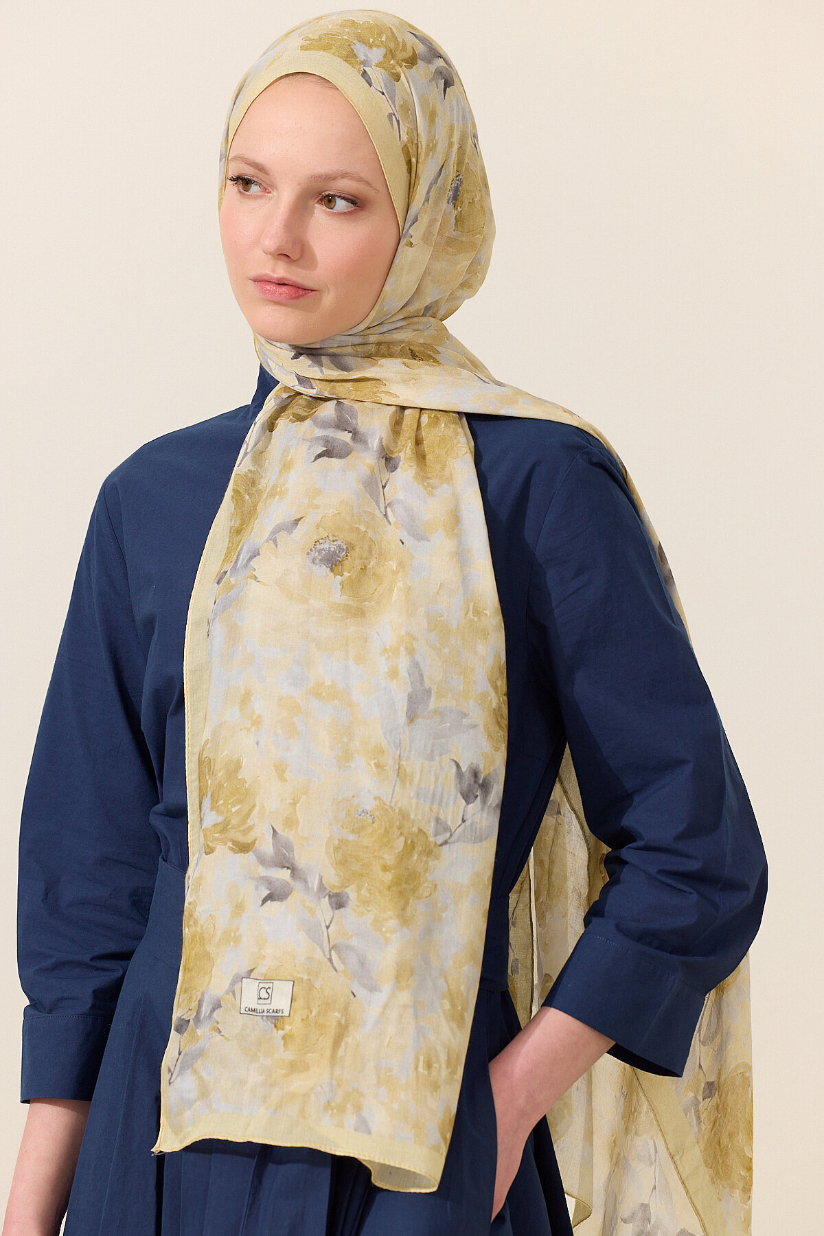 Ria Rami Şal - Sarı Gri - Camellia Scarfs (1)