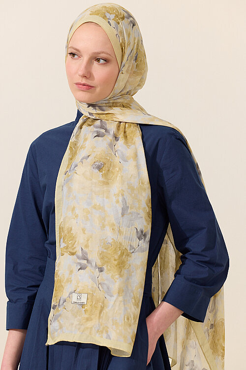 Ria Rami Şal - Sarı Gri - Camellia Scarfs (1)