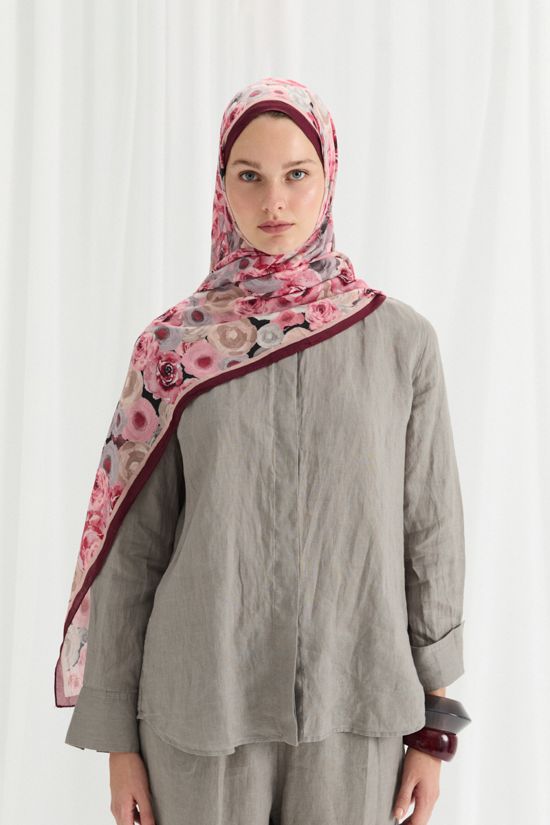 Rosemary Kraş Şal - Bordo-Krem - 1