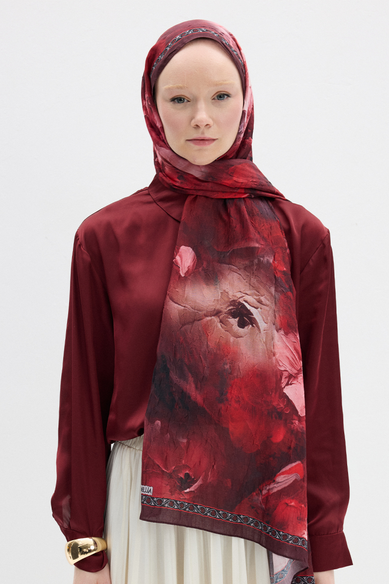 Sera Desen Kraş Şal - Bordo - 1