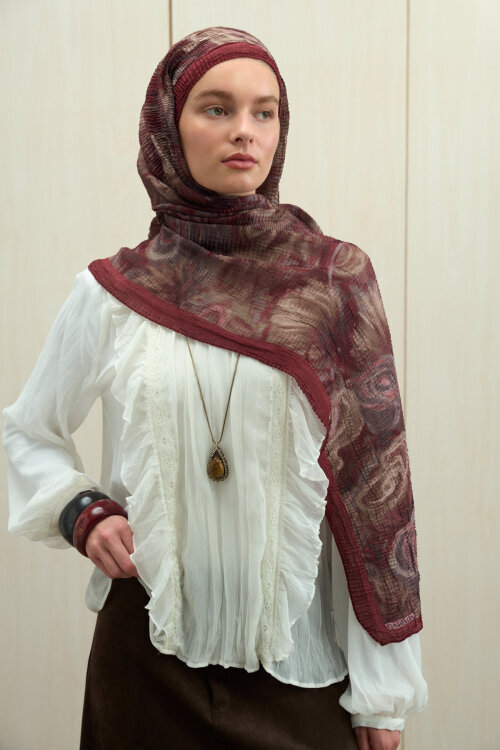 Soft Glow Müslin Şal - Bordo Bej - Camellia Scarfs (1)