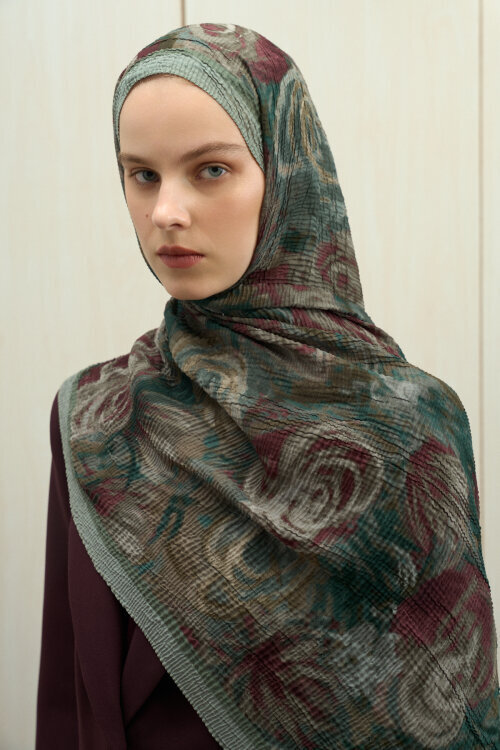 Soft Glow Müslin Şal - Bordo Yeşil - Camellia Scarfs (1)
