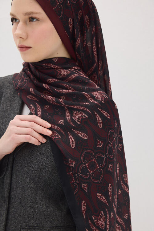 Softtime Flare Desen Siyah/Bordo - Camellia Scarfs (1)